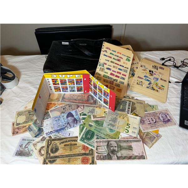 WORLD BANKNOTES, STAMPS AND ST. LAURENT BLACK BAG