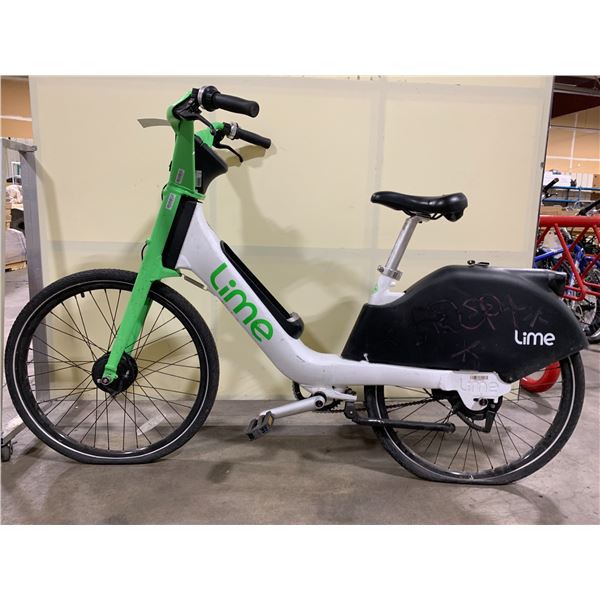 LIME WHITE ELECTRIC RENTAL BIKE *PARTS ONLY, NO BATTERY, NO KEYS*