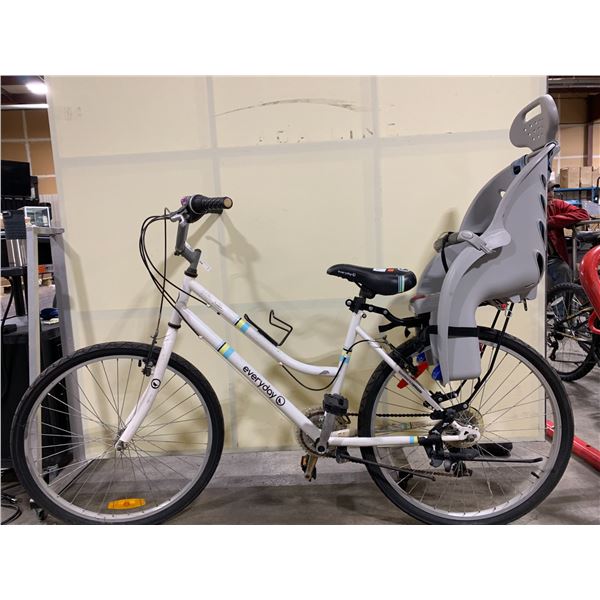 EVERYDAY TRAVELER WHITE 21 SPEED CRUISER STYLE BIKE WITH CHILD SEAT