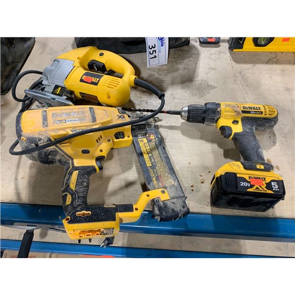 DEWALT CORDLESS BRAD NAIL GUN, DRILL &  CORDED JIGSAW COMES WITH SOFT CARRY BAG