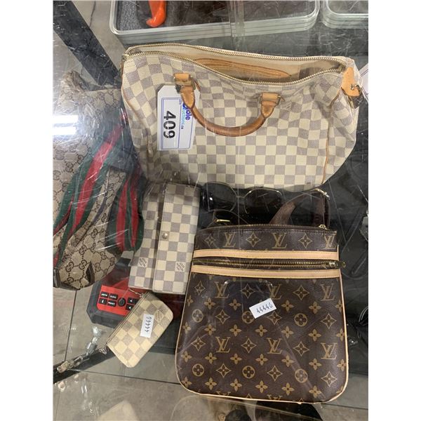 2 LOUIS VUITTON PURSES, 2 LOUIS VUITTON WALLETS & GUCCI BAG *AUTHENTICITY UNKNOWN*