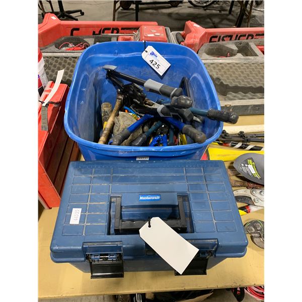 MASTERCRAFT  PLASTIC TOOL BOX FILLED WITH ASSORTED TOOLS & BIN FILLED WITH ASSORTED LARGE HAND TOOLS