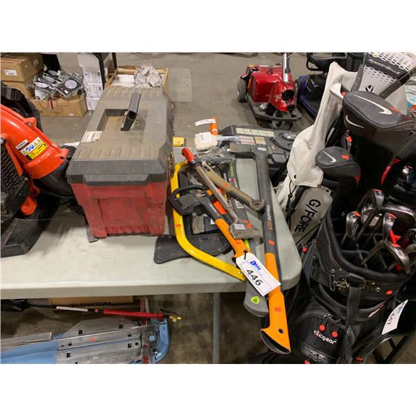 ASSORTMENT OF SAWS AND LARGE AXES & RED PLASTIC TOOL BOX