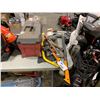 Image 1 : ASSORTMENT OF SAWS AND LARGE AXES & RED PLASTIC TOOL BOX