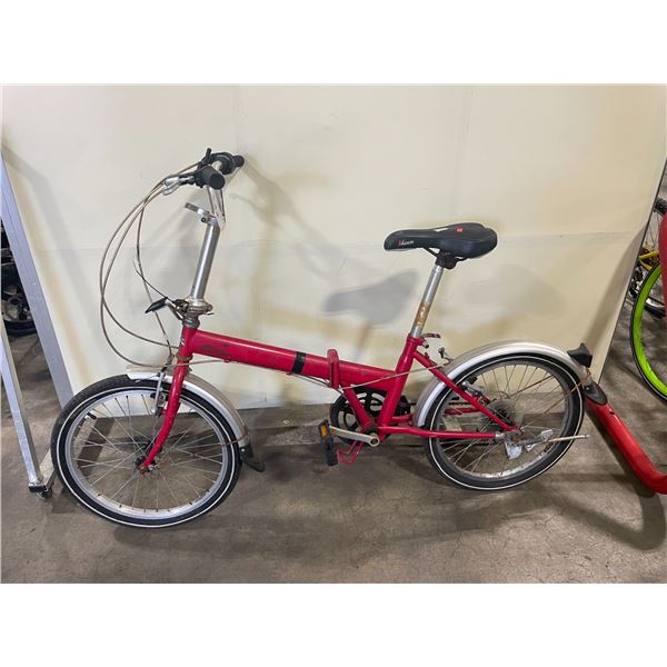 2 BIKES: CAMPUS RED 6 SPEED FOLDING BIKE, & RALEIGH RIM ROCK BLACK 21 SPEED MOUNTAIN BIKE