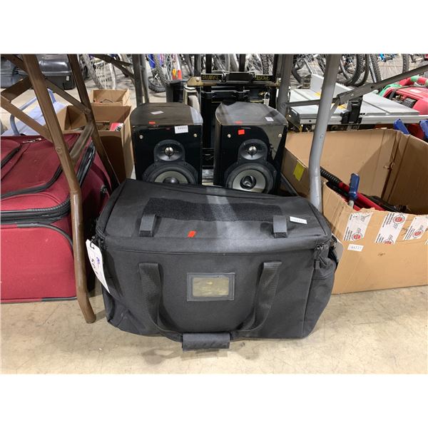 PAIR OF SOUNDSTAGE SPEAKERS & A BLACK DUFFEL BAG WITH CONTENTS