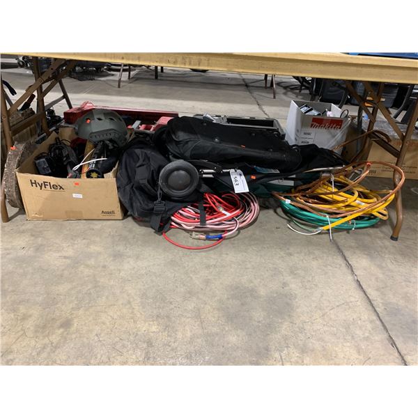 SHELF OF ASSORTED ELECTRIC EXTENSION CORDS, CABLES, SHOPPING CART, BOX OF ASSORTED BASEBALL BATS,