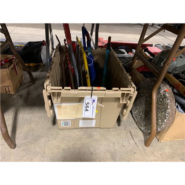 BEIGE PLASTIC BIN OF ASSORTED LARGE HAND TOOLS