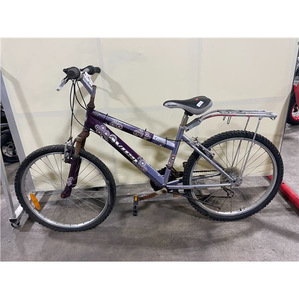 AVIGO PURPLE 21 SPEED FRONT SUSPENSION MOUNTAIN BIKE *VERY RUSTY, FRONT TIRE NEEDS REPAIRS*