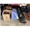 Image 1 : LOT OF ASSORTED CAMPING GEAR, STOVE, CHAIR, METAL HAND CARRY TOOLBOX, 2 BOXES OF ELECTRONICS,