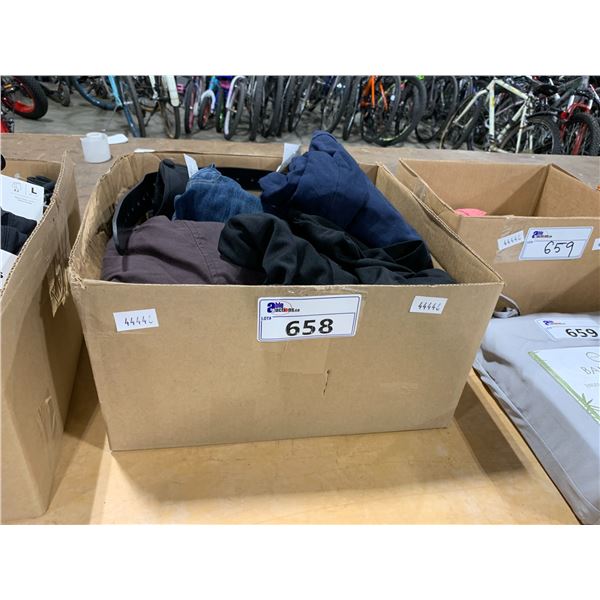 BOX OF ASSORTED PANTS, T SHIRTS, SOCKS, CAP & MISC. CLOTHES