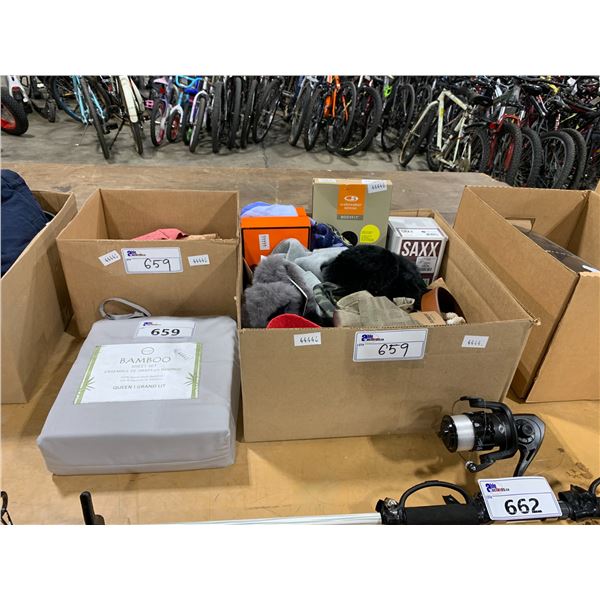 2 BOXES OF ASSORTED QUICK DRY MESH, BODYFIT T SHIRTS, GLOBES, HATS, BELT, PANTY, BAMBOO QUEEN SIZE