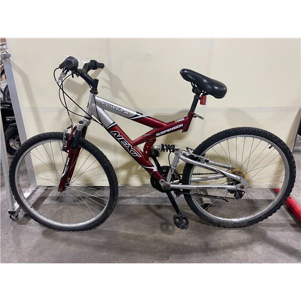 NEXT POWER X SILVER / RED 18 SPEED FULL SUSPENSION MOUNTAIN BIKE