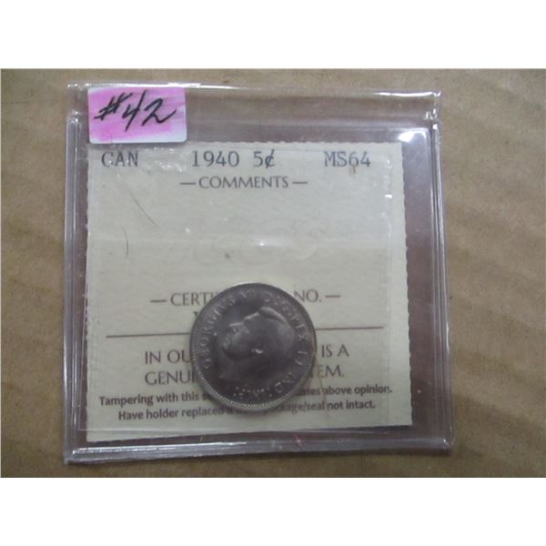 1940 CERTIFIED MS64 CANADA NICKEL