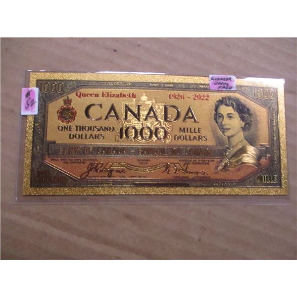 1954 DEVILS FACE $1000 C/W PHOTO'S OF QUEEN ELIZABETH II (NOT LEGAL TENDER)