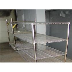 LOT - 2 WIRE RACKS, 2 WORK TABLES