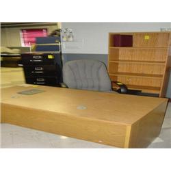 LOT - 1 DESK, 1 CHAIR, 1 BOOKCASE, 1 FILE CABINET, 1 CREDENZA