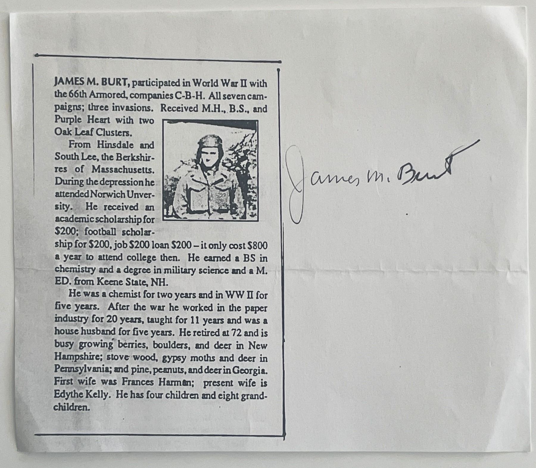 WW2 James M. Burt signed article cut