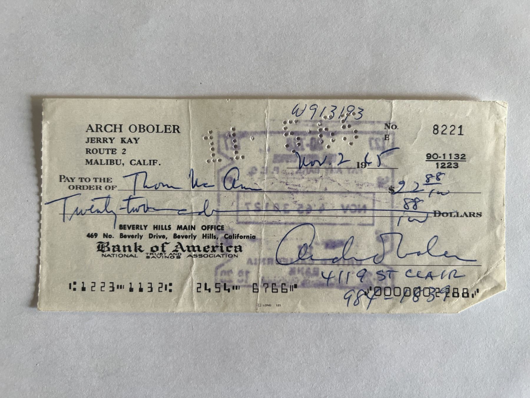 Arch Oboler signed check