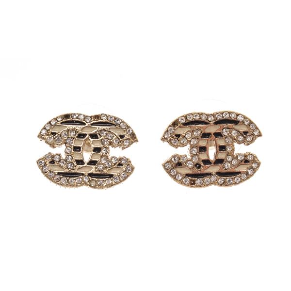 Chanel Gold Black Rhinestone CC Earrings