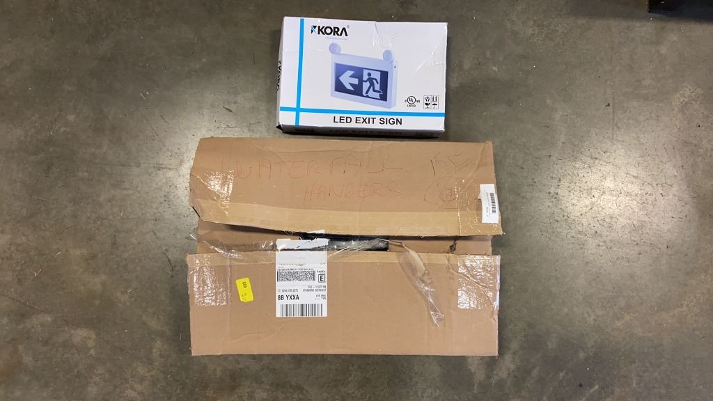 15 WATERFALL WALL MOUNT HANGERS, AND NEW KORA EXIT SIGN