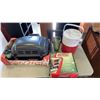 Image 1 : PORTABLE PROPANE BBQ WITH TANK, COLEMAN CAMPSTOVE OVEN  AND DRINK DISPENSER WITH 3 CUPS