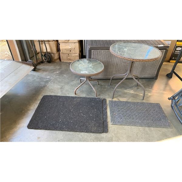 2 ROUND PATIO SIDE TABLES  AND OUTDOOR MATS