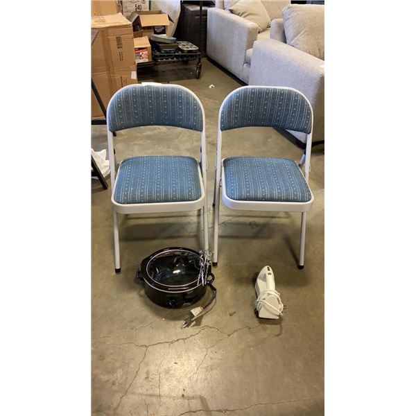 CROCKPOT, 2 METAL FOLDING CHAIRS AND HAND MIXER