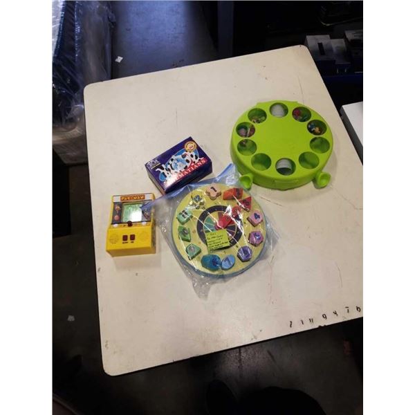 LOT OF TOYS - PACMAN GAME, WOODEN CLOCK TOY/ PUZZLE, SHREK GAME IN CASE, DALMATIONS 1996 MCDONALDS T
