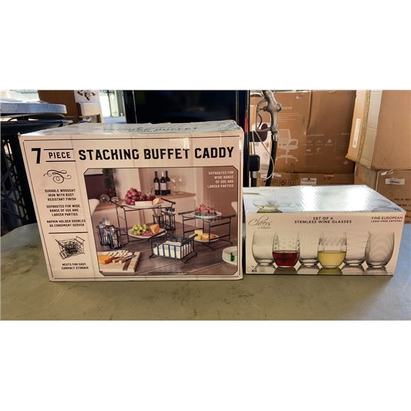 AS NEW 7 PIECE CADDY BUFFET AND 6 MIKASA GLASSES