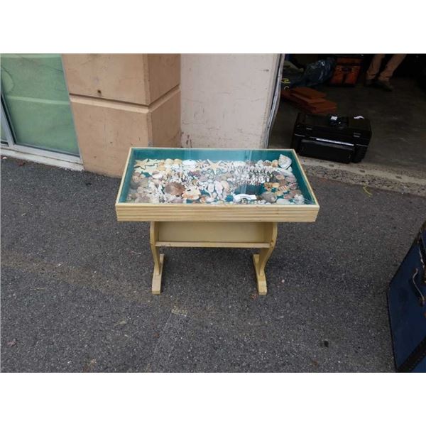 VINTAGE SHADOW BOX HALL TABLE, WITH SHELL DECOR, GLASS NEEDS TO BE REPLACED