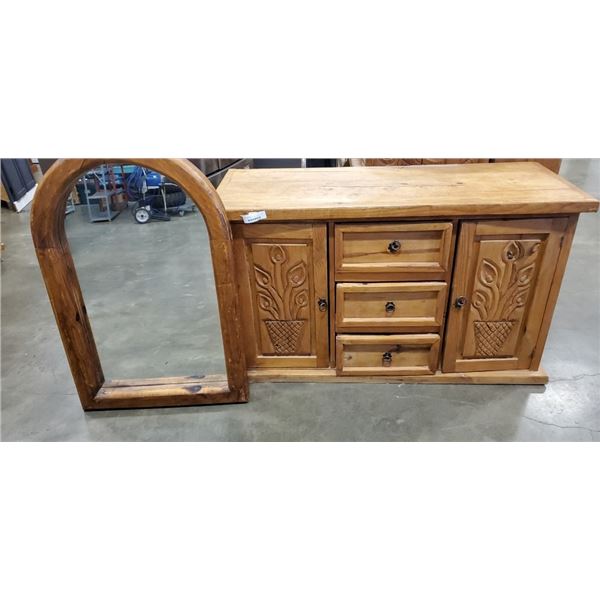 REPRODUCTION PINE HAND CARVED DRESSER WITH MIRROR