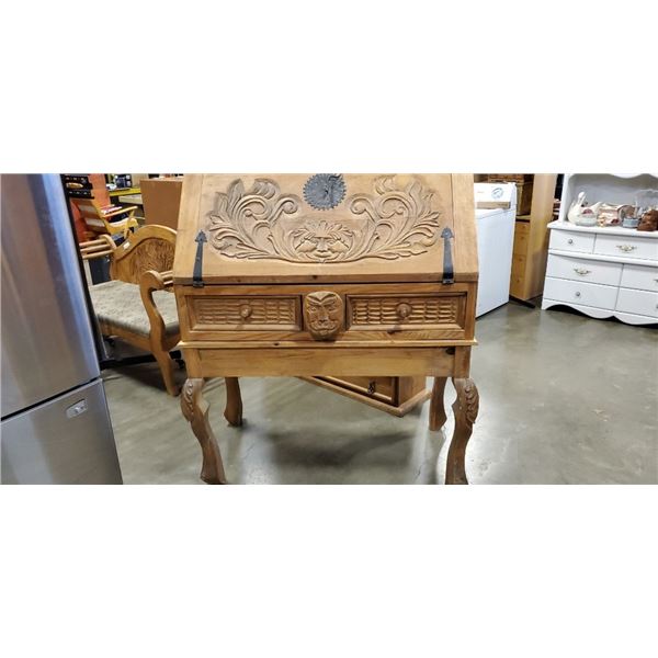 REPRODUCTION PINE HAND CARVED DROP FRONT DESK