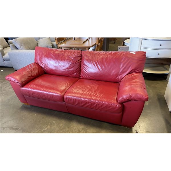 ASHLEYS FURNITURE RED LEATHER SOFA BED