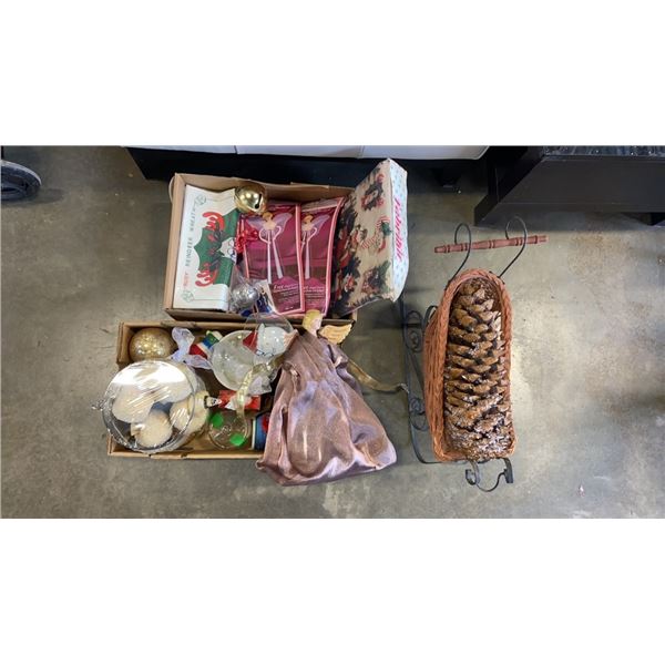 LOT OF CHRISTMAS DECOR, SLEIGH AND LARGE PINECONE ETC