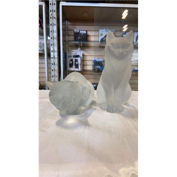 2 SIGNED HEAVY GLASS FROSTED CAT FIGURES, ONE IS 10 INCH TALL, ONE IS 10 INCH LONG