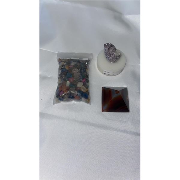 BAG OF MIXED TUMBLED QUARTZ, LEPODITE STONE, AND AGATE PYRAMID