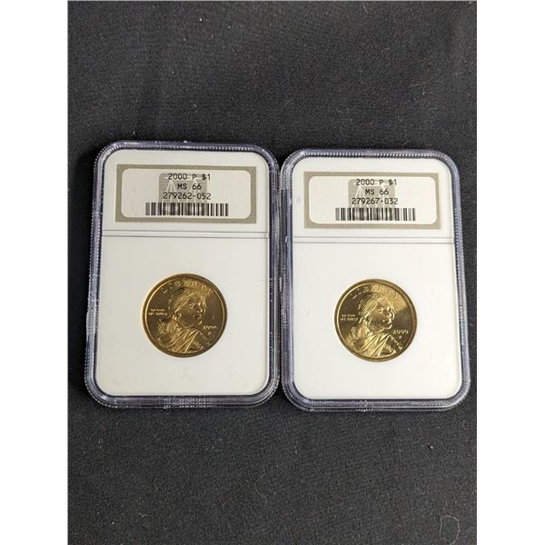 Two (2ct) 2000 Sacajawea P $1 NGC Graded MS66