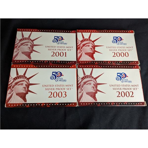 A 2000 - 2003 Silver Proof Set Collection. A lot of four (4ct) US Silver Proof sets, all in original
