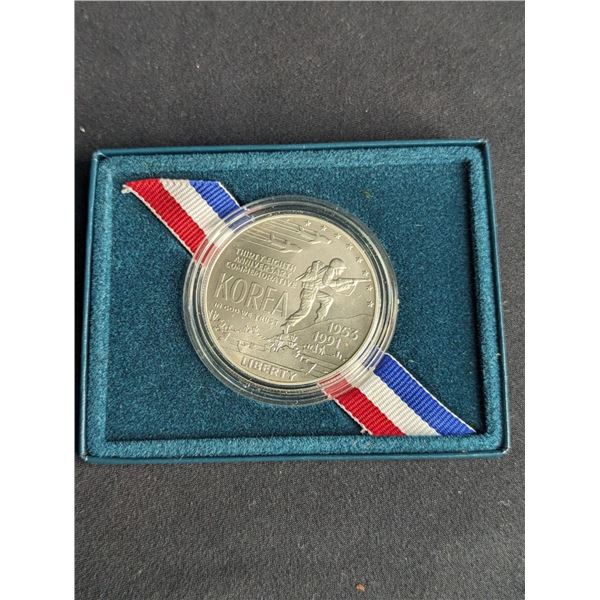 1991 Unc US Commemorative Silver Dollar Korean War Memorial In Box With COA