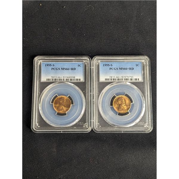 Two (2CT) 1955 S Red PCGS MS66+ Graded Lincoln Cents