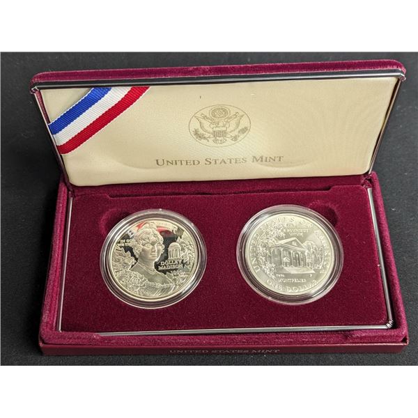 1999 US Dolly Madison 2pc Silver Dollar Commemorative Set. OIB/COA