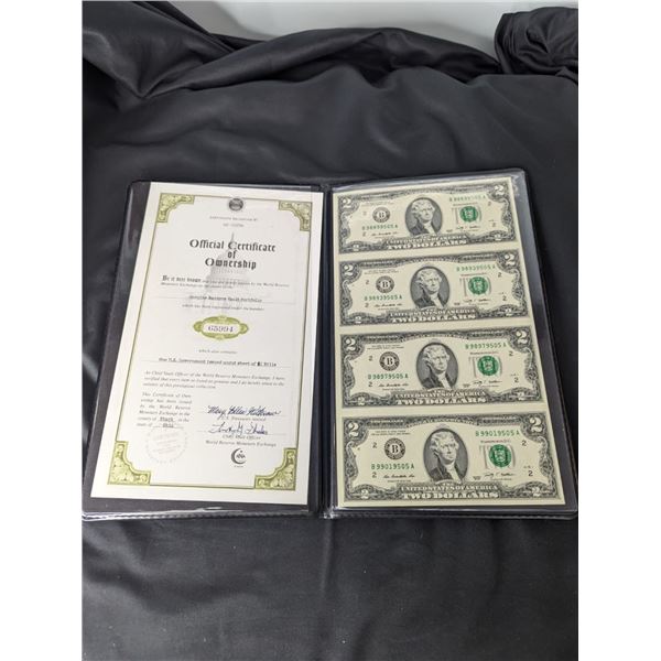 A Sheet of Uncut $2 Dollar Notes from the US Treasury With COA