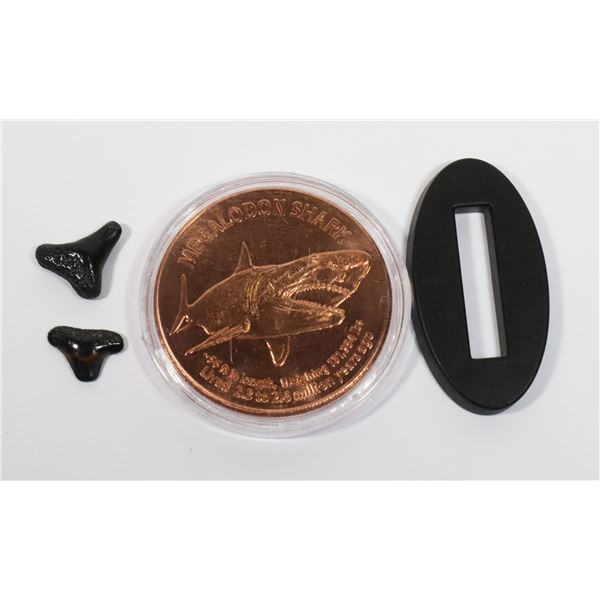 1-OZ FINE COPPER MEGALODON SHARK ROUND IN