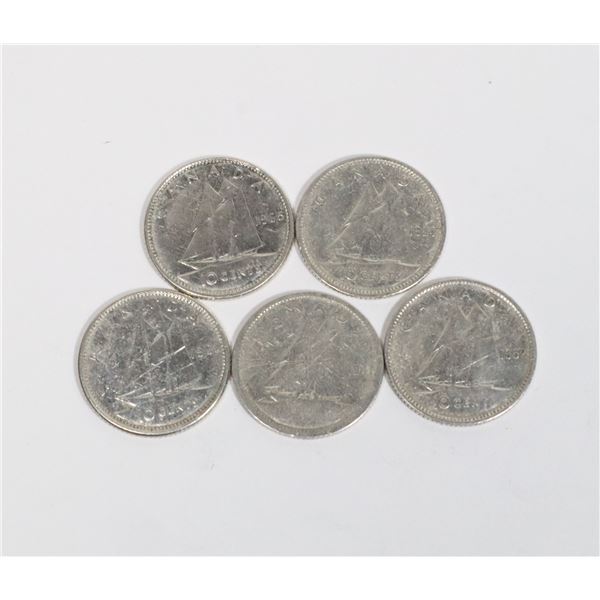 5 CANADIAN SILVER DIMES (0.3-OZ SILVER CONTENT)