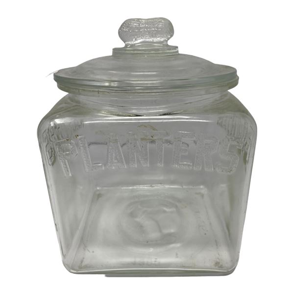 Early Glass Embossed Planters Peanut Jar With Lid