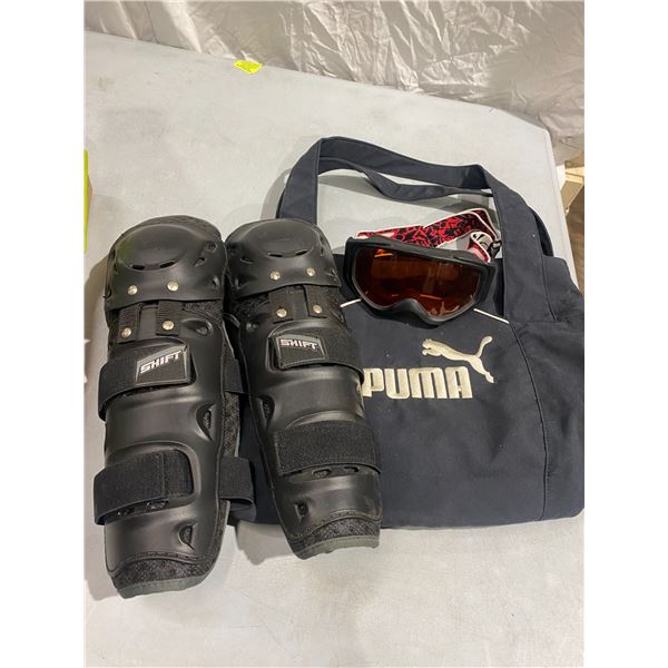 Shin pads, goggles and bag