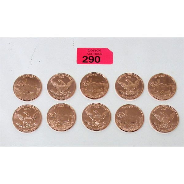 10 x 1 Oz .999 Fine Copper Moose Art Rounds