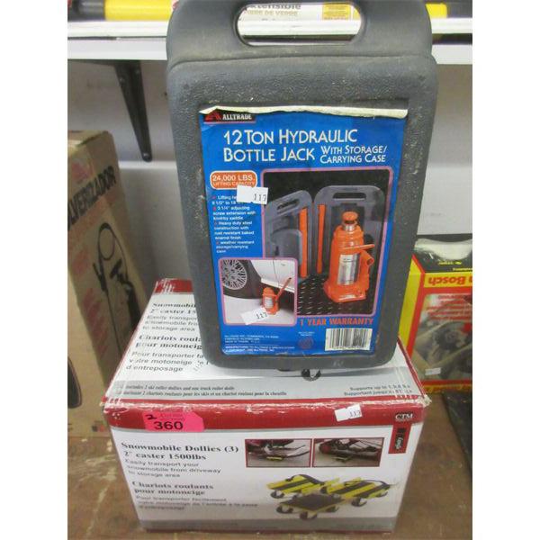 12 Ton Bottle Jack & 3 Pc. Set Snowmobile Dollies