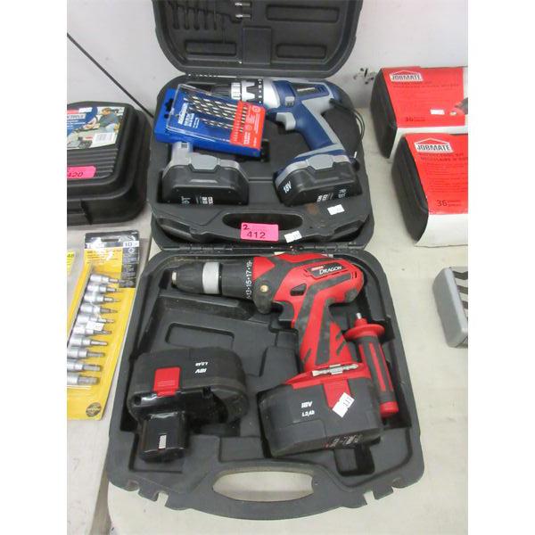 2 Cordless 18V Drills & Set of Mastercraft Drill Bits